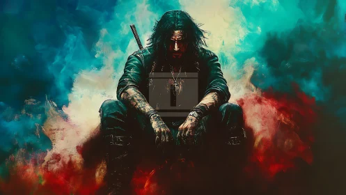 Solitary long-haired figure seated amid diffuse color field.