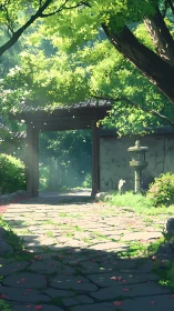 Anime garden gate with dappled light and stone path composition.