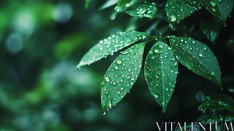 Rain-kissed emerald leaves shimmering in quiet forest hush.