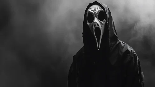 Hooded spectral figure in high-contrast monochrome fog field.