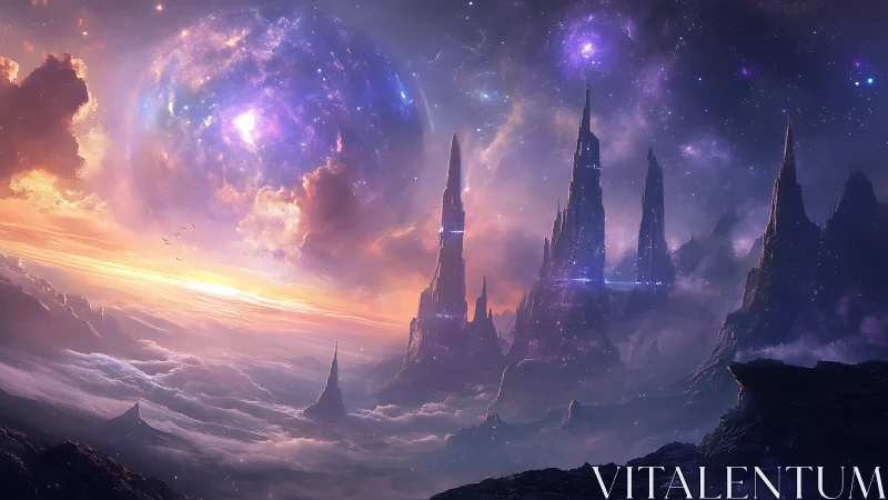 Stellar nebula horizon with spired alien megastructure cliffs