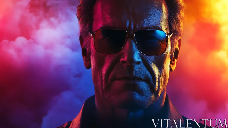 Stern older man in sunglasses faces neon colored smoke