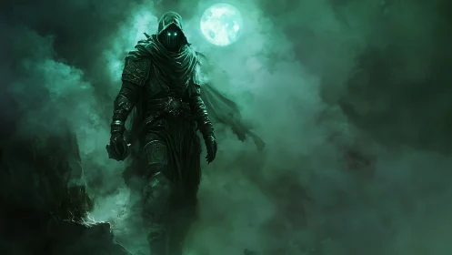 Midnight wanderer steps softly through misty moonlit fog.