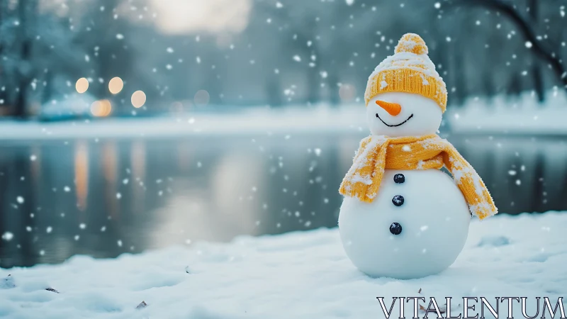 Smiling snowman in yellow hat and scarf by winter lake.