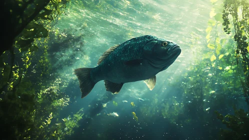 Solitary river titan drifts through sunlit emerald silence