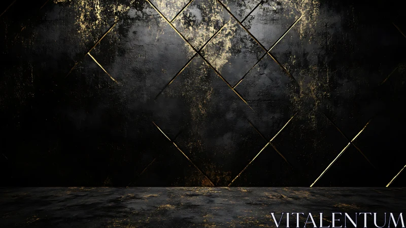 Dark geometric wall shimmers with distressed golden light