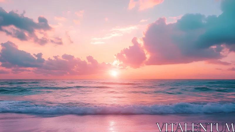 Low-tide shoreline under pastel pink cyan maritime sunset sky