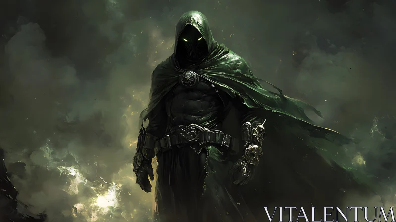 Hooded void knight emerging from toxic storm clouds.