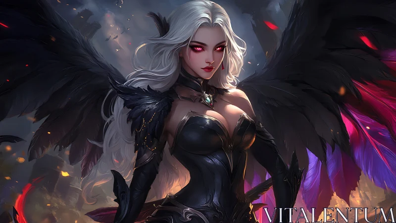 Dark winged sorceress stands over burning ruined city