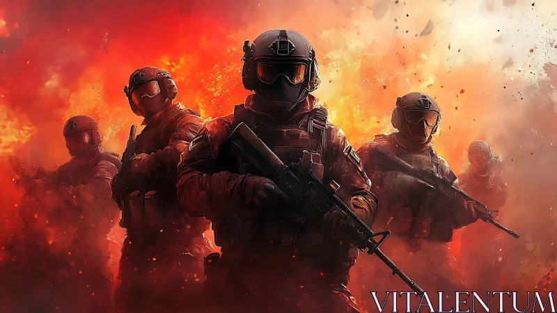 Elite tactical squad advances through blazing battlefield