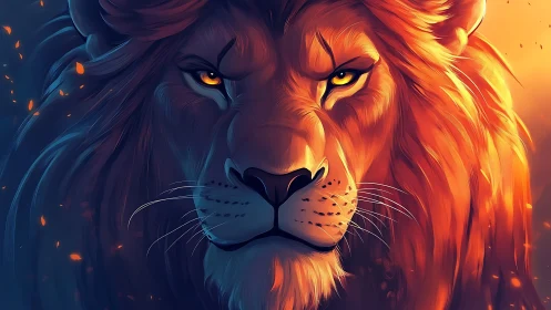 Majestic lion portrait glows with intense fiery lighting