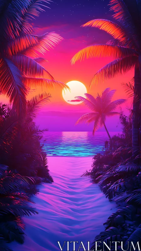 Neon sunset over tropical beach path and glowing sea.