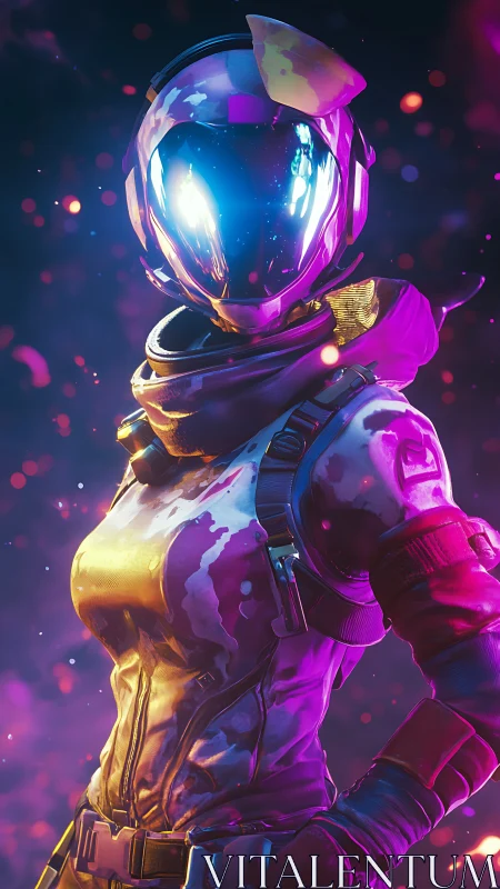 Neon-helm star scout drifting through chromed starlight.