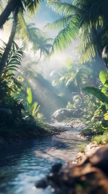Sunlit jungle creek winds through lush tropical foliage