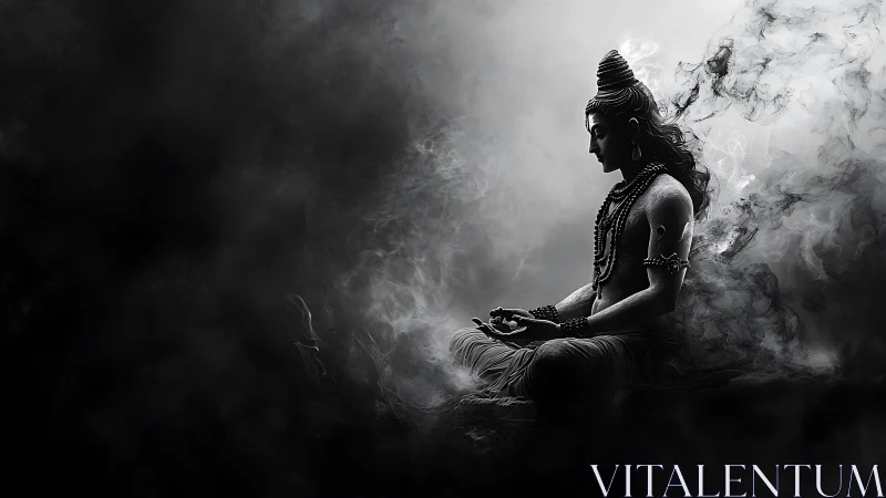 Smoke-shrouded meditative deity rendered in monochrome digital art.