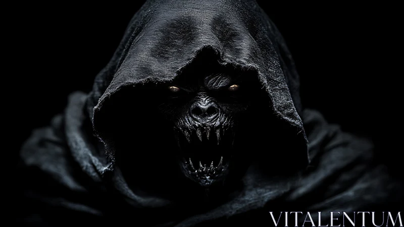 Hooded skeletal creature portrait in low key lighting.