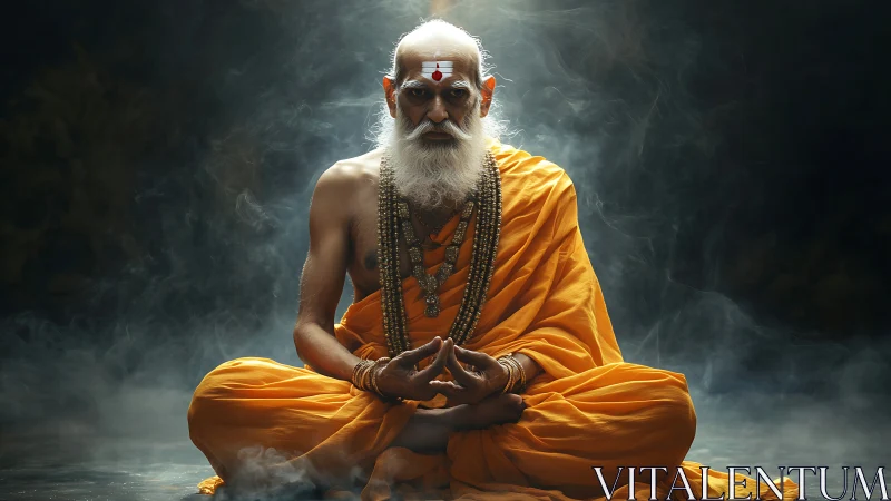 Meditative elder yogi in saffron robes amid cinematic smoke.