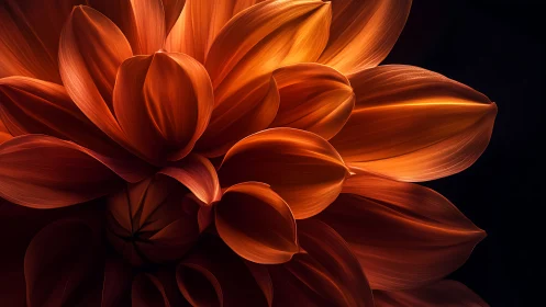 Illuminated Red Dahlia Petals Against Black Background.