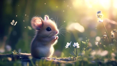 Backlit field mouse rendered with shallow depth and soft bokeh