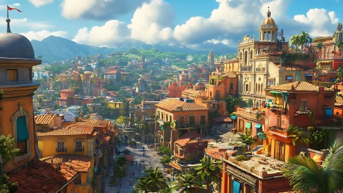 Sunlit hilltop city glows with vibrant Mediterranean warmth