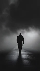Lone figure walks into heavy fog beneath looming storm clouds.