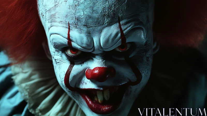 Predatory carnival clown grinning under cold blue shadows.