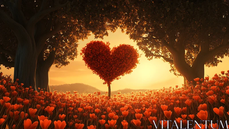 Heart Tree Blooms: Love Grows Where Golden Light Meets Red Petals