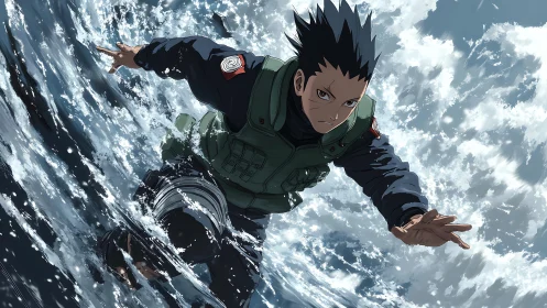 Ninja fighter skimming across turbulent ocean water.