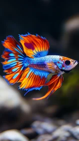 Vibrant betta fish glides through dark water in vivid color