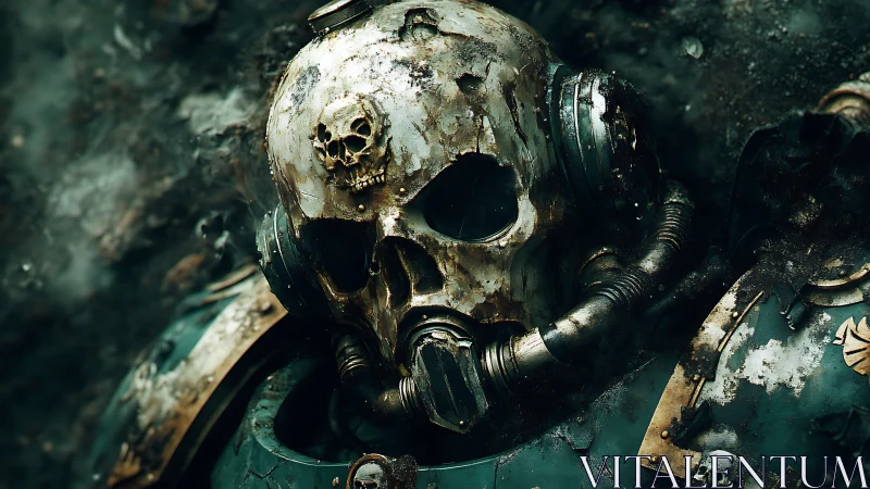 Weathered skull-helmed warrior resting in quiet ruins.