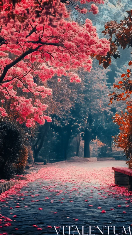 Digital painting of sakura alley with receding stone pathway.