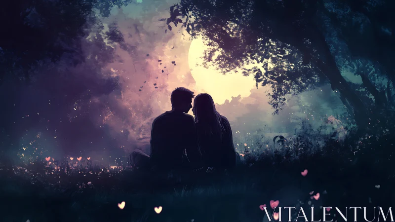 Silhouetted Couple Under Luminous Sky. Ethereal Hearts.