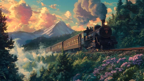 Steam train crossing lush mountain landscape at sunset.