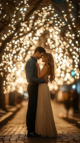 Romance beneath golden bokeh lights at night.