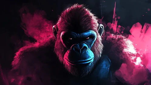 Gorilla portrait rendered in neon magenta and cyan lighting