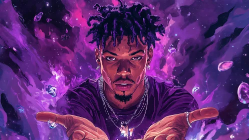 Astromystic portrait with levitating crystals and nebular bloom.