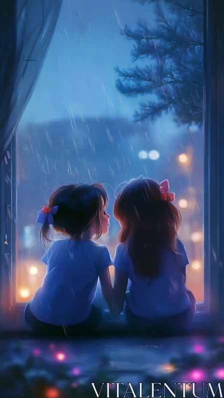 Childhood silhouettes at rainy window with warm city bokeh