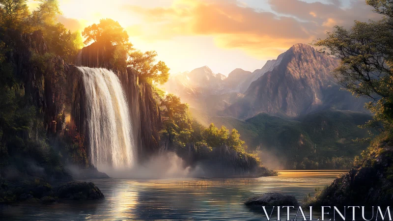 Waterfall and mountain lake at low sun over forested valley.