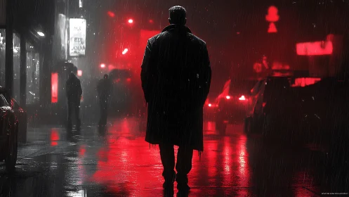 Solitary figure in rainy neon city street at night.