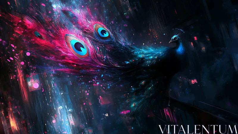 Neon peacock streaks through a futuristic cyber cityscape.