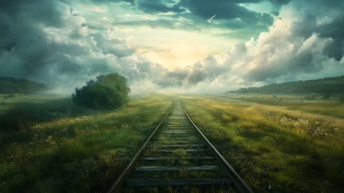 Sunlit railway cuts through misty emerald valley horizon.