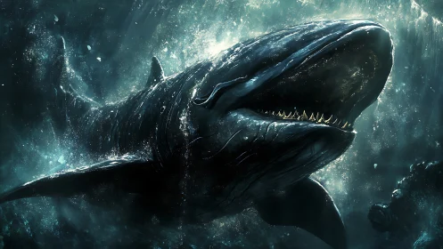 Abyssal titan whale surging through stormlit teal waters.