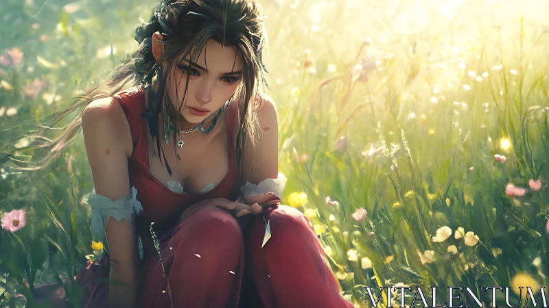 Young woman seated in sunlit meadow with wildflowers.