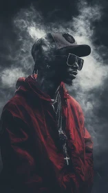 Smoke and shadow style with a bold red street silhouette.