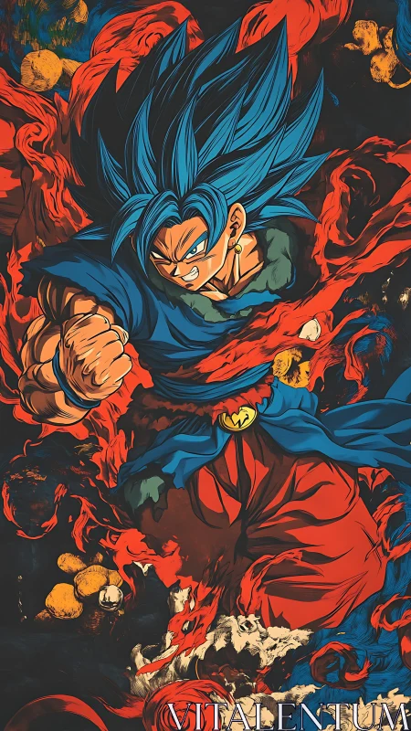 Blue haired anime fighter surrounded by swirling red energy.