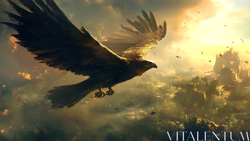 Golden war eagle soaring above a burning fantasy realm.