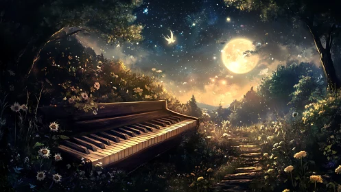 Moonlit forest piano glows beside starlit wildflower path.