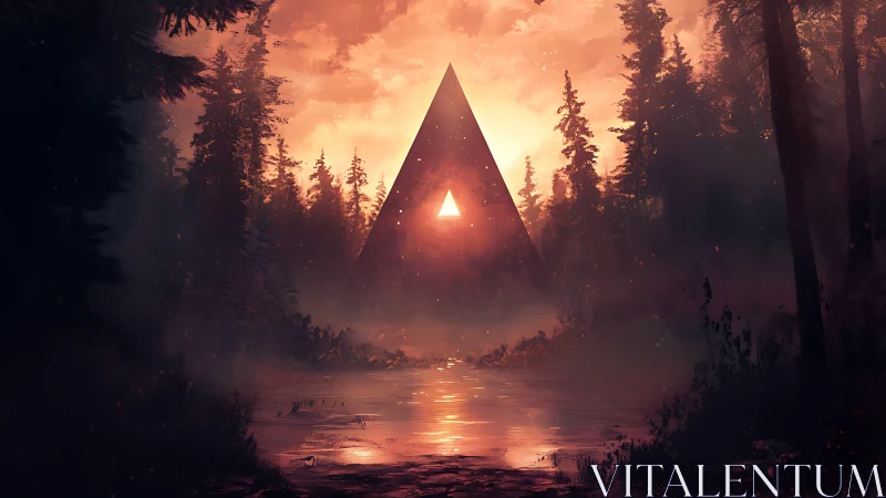Triangular monolith glows over misty forest wetland at dusk