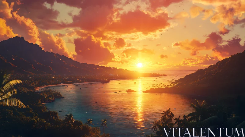 Tropical bay sunset casts golden light across calm water