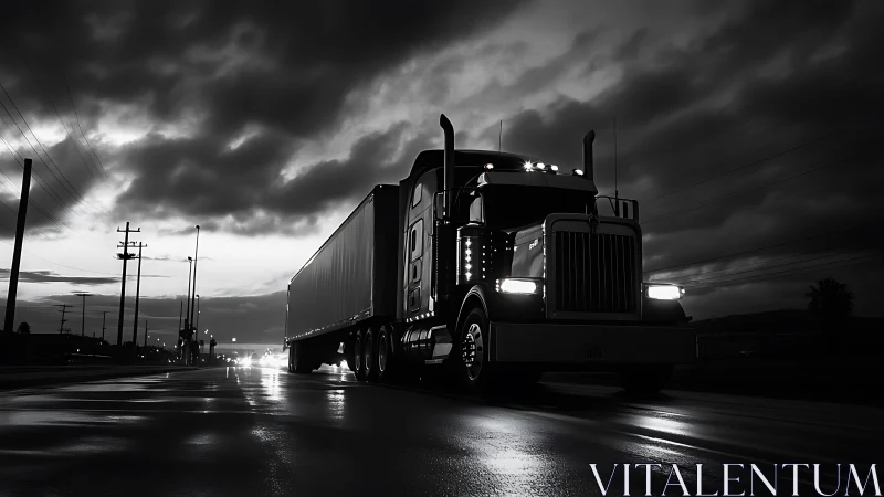 Aerodynamic semi truck crosses wet highway under storm-lit sky